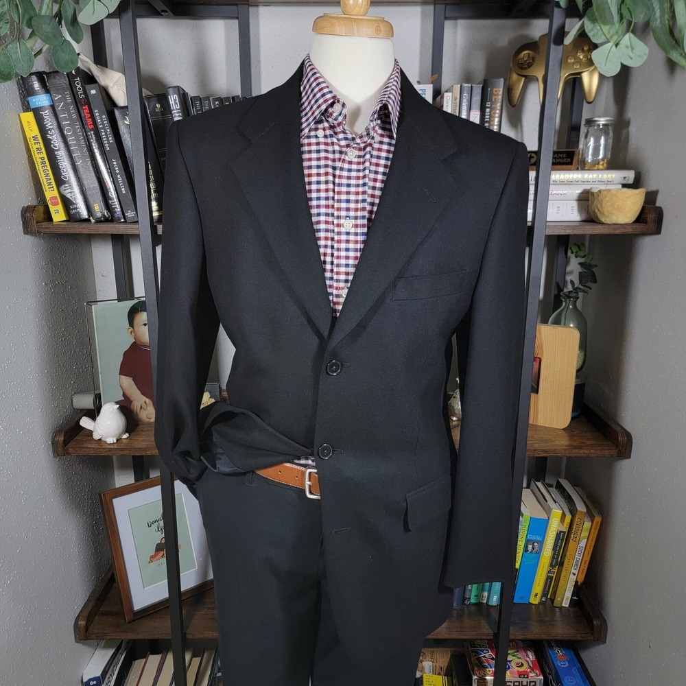 Claiborne Mens Sport Coat Three Button Black Dimond Pattern Wool Cashmere Sz 40L
